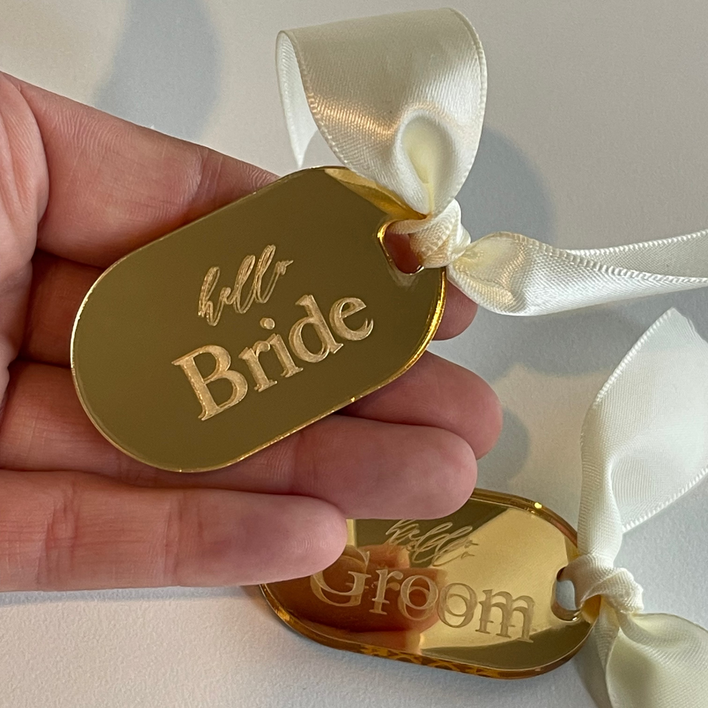 Gold Mirror Acrylic Name Cards with Ribbon
