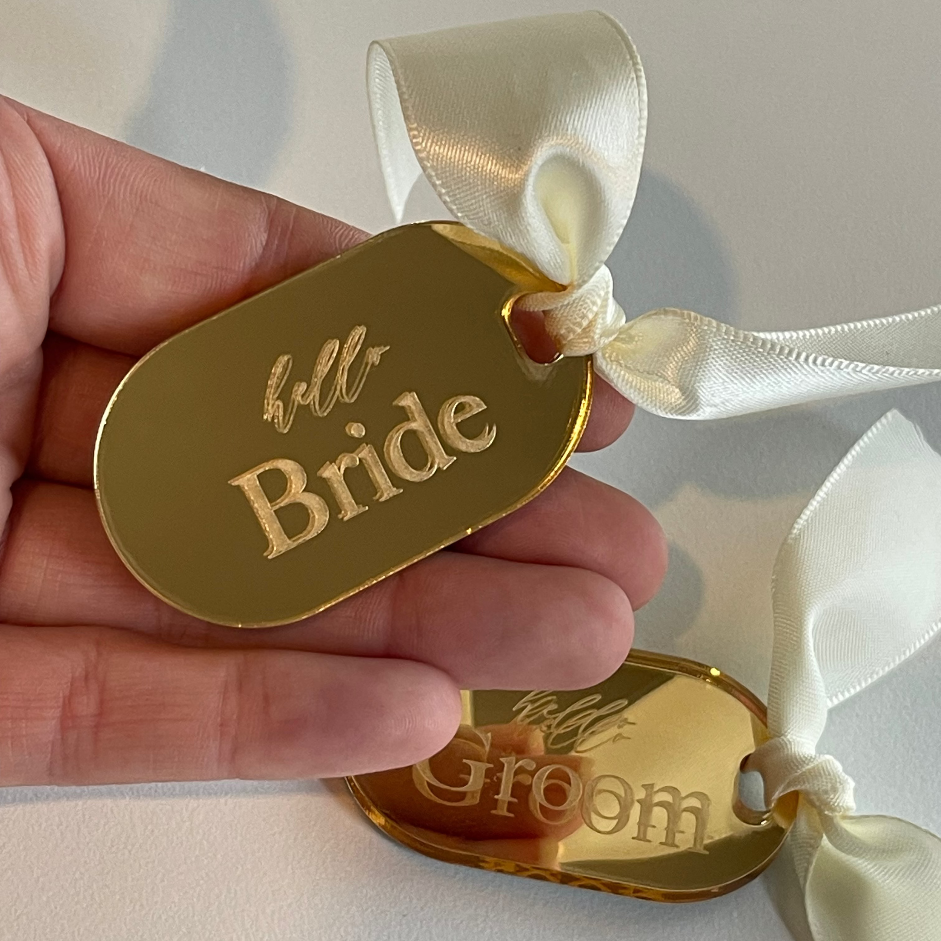 Gold Mirror Acrylic Name Cards with Ribbon