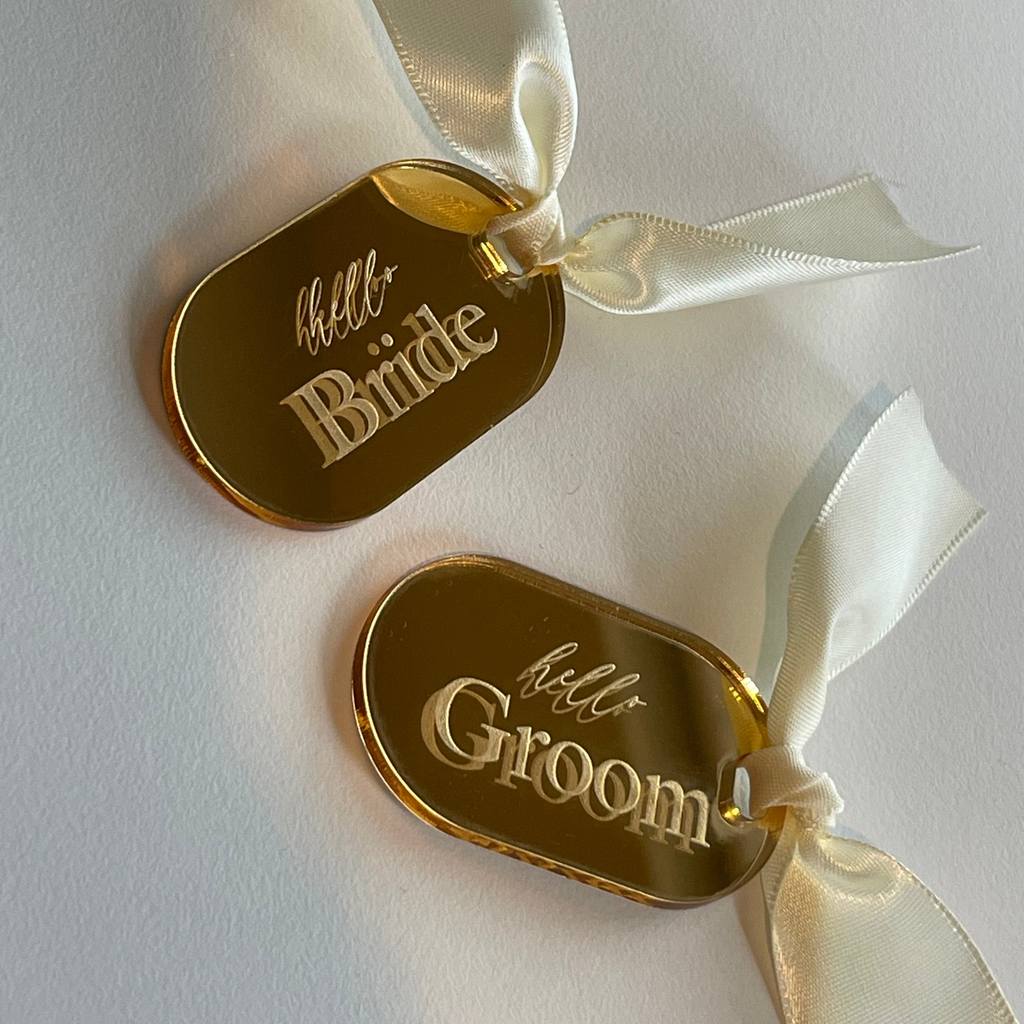 Gold Mirror Acrylic Name Cards with Ribbon